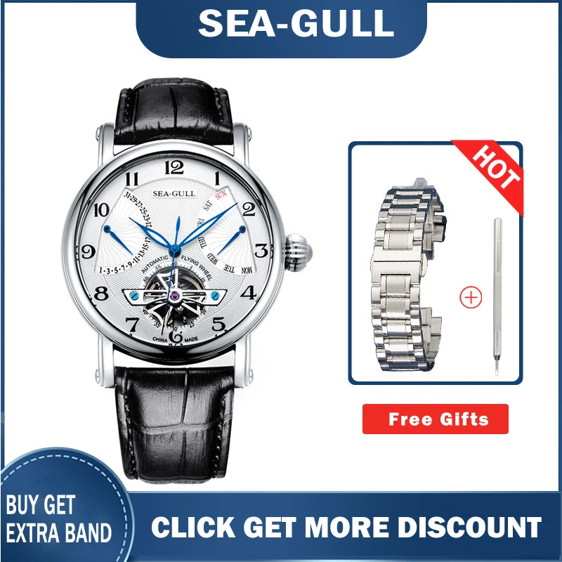 Genuine Seagull Watch 819.316 Automatic Mechanical Leather Waterproof  Watch for Men Atieno Sports with Date and Week Display