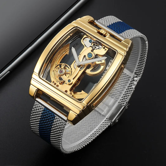 Classic Fashion Automatic Mechanical Wristwatch Men Transparent Watch Skeleton Stainless Steel Bracelet Mesh Strap Men's Watches