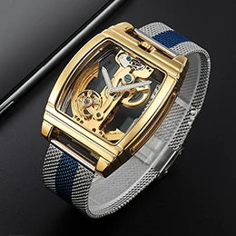 Classic Fashion Automatic Mechanical Wristwatch Men Transparent Watch Skeleton Stainless Steel Bracelet Mesh Strap Men's Watches