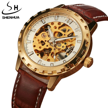 Luxury SHENHUA Brand Unique Mens Automatic Mechanical Watches Skeleton Gear Dial Real Leather Band Watches For Males Best Gifts