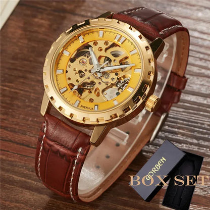 Luxury SHENHUA Brand Unique Mens Automatic Mechanical Watches Skeleton Gear Dial Real Leather Band Watches For Males Best Gifts