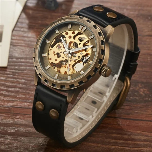 Luxury SHENHUA Brand Unique Mens Automatic Mechanical Watches Skeleton Gear Dial Real Leather Band Watches For Males Best Gifts