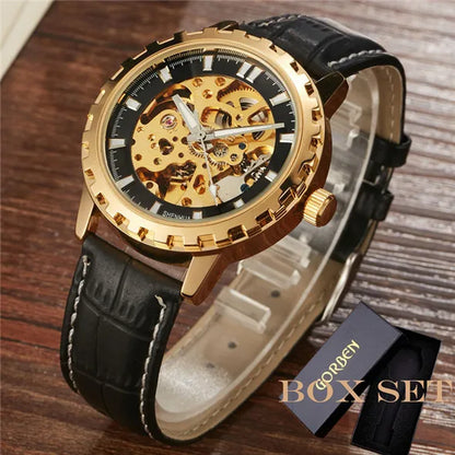 Luxury SHENHUA Brand Unique Mens Automatic Mechanical Watches Skeleton Gear Dial Real Leather Band Watches For Males Best Gifts