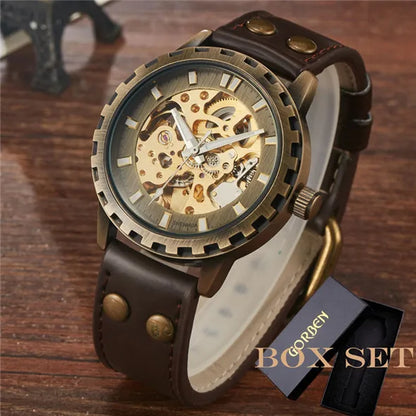 Luxury SHENHUA Brand Unique Mens Automatic Mechanical Watches Skeleton Gear Dial Real Leather Band Watches For Males Best Gifts