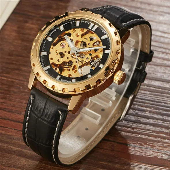 Luxury SHENHUA Brand Unique Mens Automatic Mechanical Watches Skeleton Gear Dial Real Leather Band Watches For Males Best Gifts