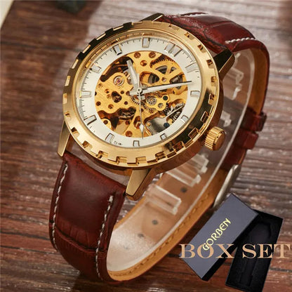 Luxury SHENHUA Brand Unique Mens Automatic Mechanical Watches Skeleton Gear Dial Real Leather Band Watches For Males Best Gifts