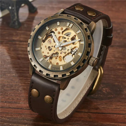 Luxury SHENHUA Brand Unique Mens Automatic Mechanical Watches Skeleton Gear Dial Real Leather Band Watches For Males Best Gifts