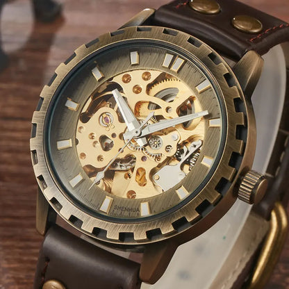 Luxury SHENHUA Brand Unique Mens Automatic Mechanical Watches Skeleton Gear Dial Real Leather Band Watches For Males Best Gifts