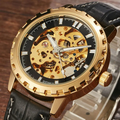 Luxury SHENHUA Brand Unique Mens Automatic Mechanical Watches Skeleton Gear Dial Real Leather Band Watches For Males Best Gifts