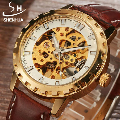 Luxury SHENHUA Brand Unique Mens Automatic Mechanical Watches Skeleton Gear Dial Real Leather Band Watches For Males Best Gifts