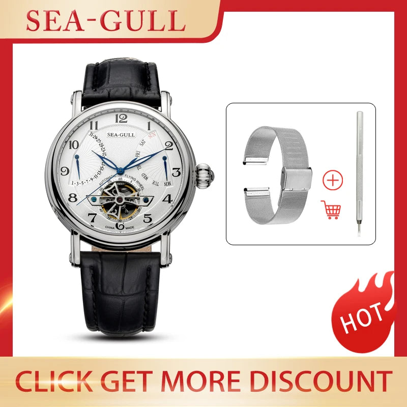 Genuine Seagull Watch 819.316 Automatic Mechanical Leather Waterproof  Watch for Men Atieno Sports with Date and Week Display