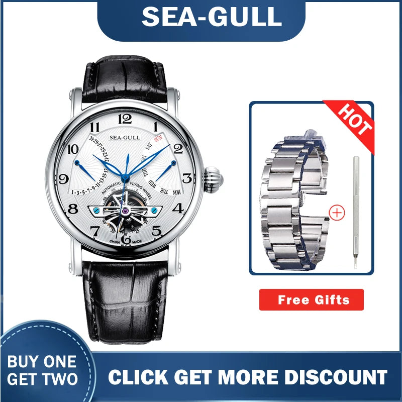 Genuine Seagull Watch 819.316 Automatic Mechanical Leather Waterproof  Watch for Men Atieno Sports with Date and Week Display