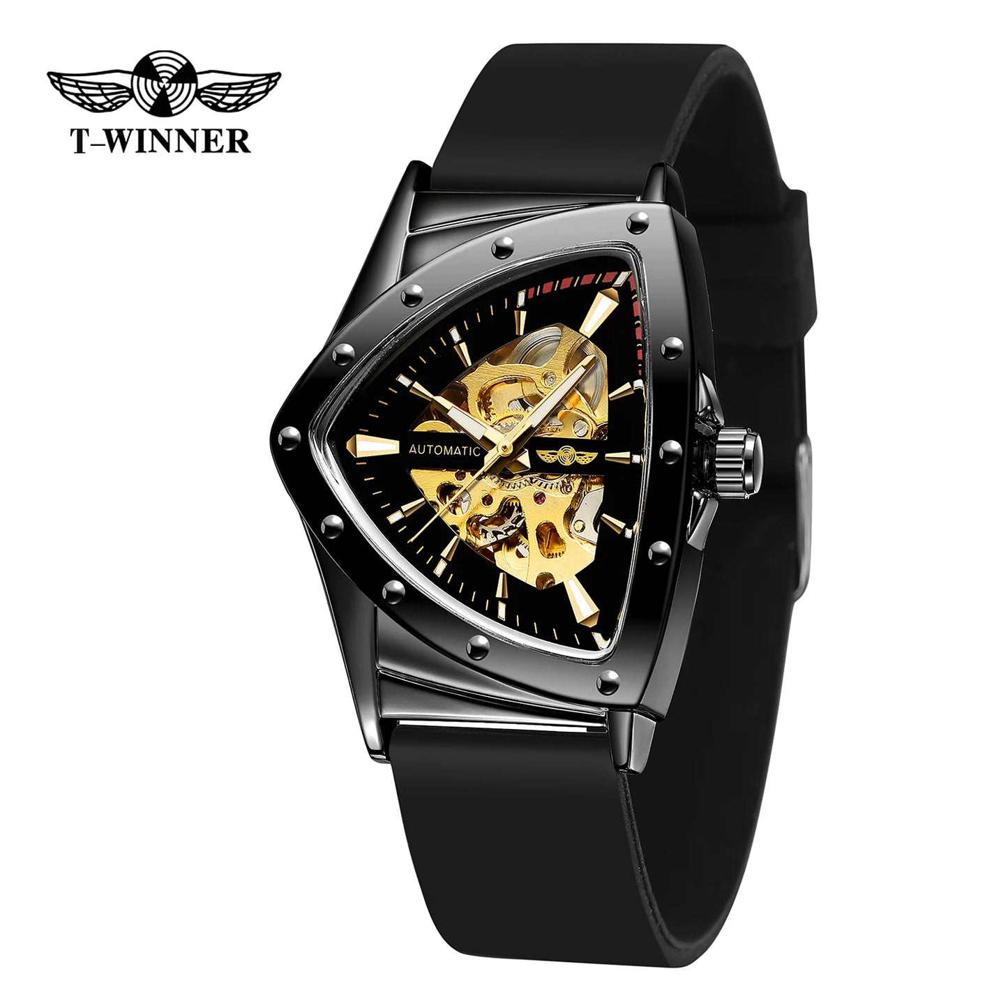 T-Winner High Range Man Automatic Mechanica Watches Luminous Luxury Tourbillon Gold Wristwatch Rubber Strap Triangle Skeleton