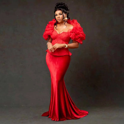 Elegant Red Velvet Mermaid Evening Dresses with Wraps Plus Size African Wedding Guest Gown Shawls Elegance Aso Ebi Party Dress