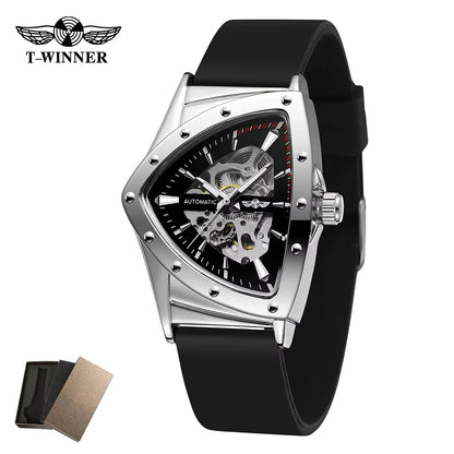 T-Winner High Range Man Automatic Mechanica Watches Luminous Luxury Tourbillon Gold Wristwatch Rubber Strap Triangle Skeleton