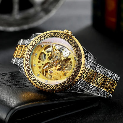 2023 T-Winner Watch Men Fashion Vintage Carved Watches Luxury Gold Skeleton Automatic Mechanical Wristwatches Men Reloj Hombre