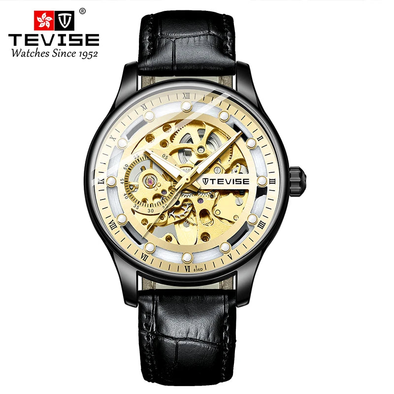 Ｆashion Mechanical Watch For Men Tevise T836d Simple Automatic Wristwatches Mens Leather Waterproof Boy Clock Gift Dropshipping