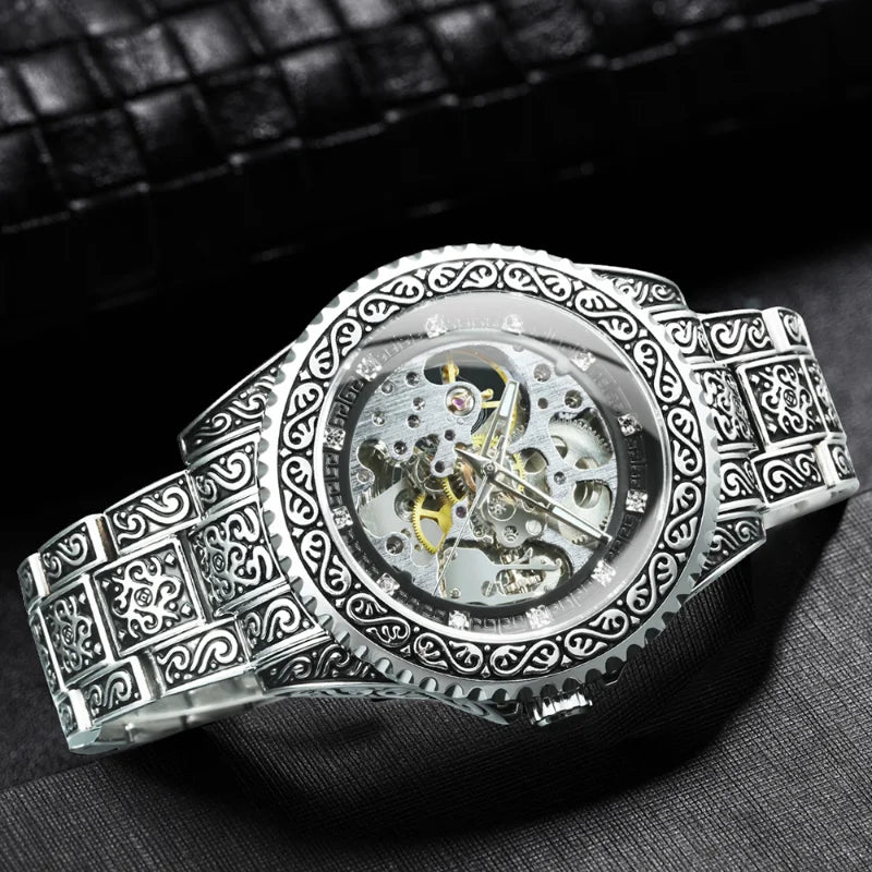 2023 T-Winner Watch Men Fashion Vintage Carved Watches Luxury Gold Skeleton Automatic Mechanical Wristwatches Men Reloj Hombre