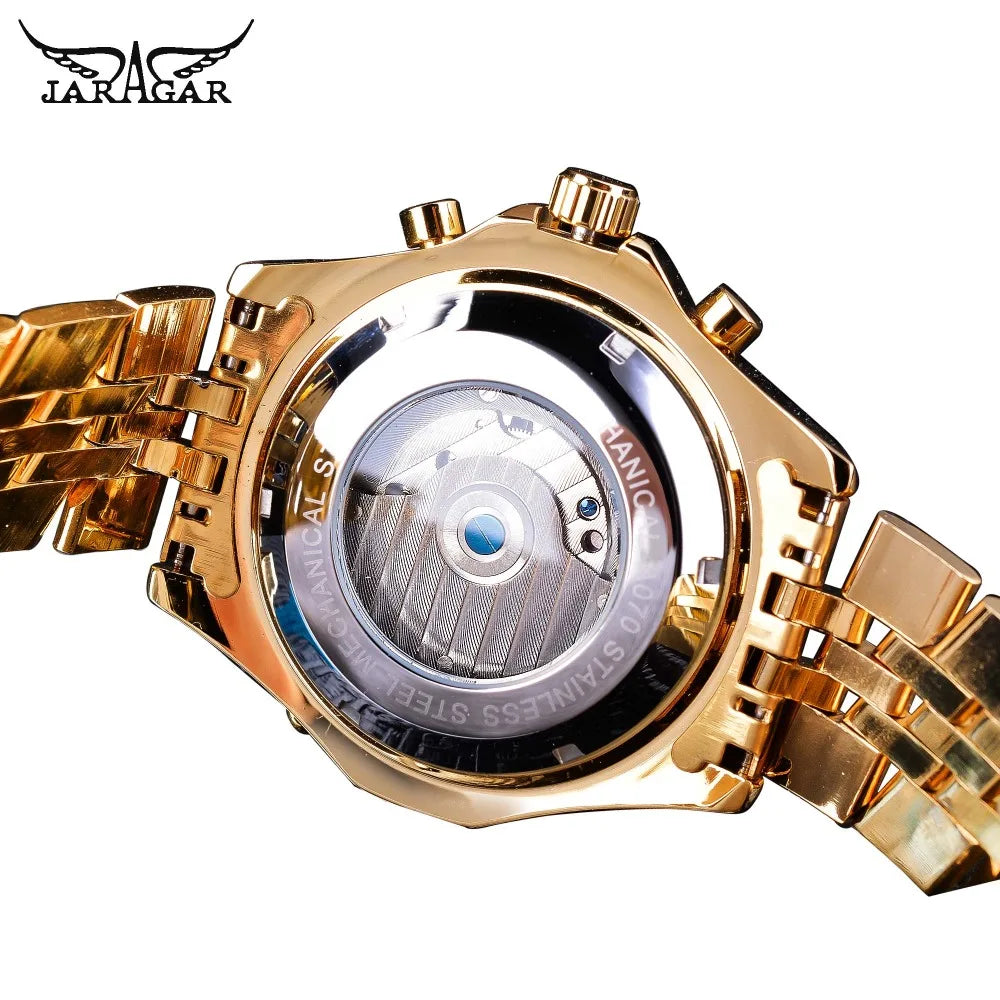 Jaragar Men's Golden Automatic Self-wind Watch Big Dial Calendar Function Relogio Masculino Mechanical Watches Full Steel Clocks