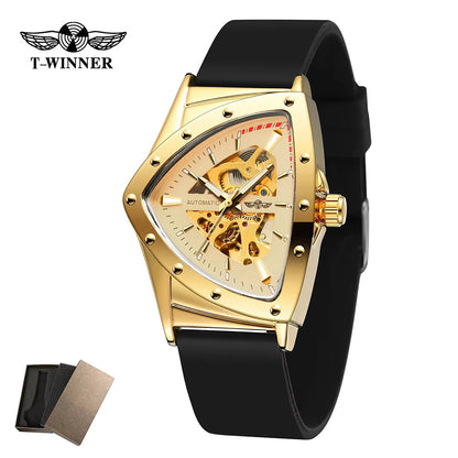 T-Winner High Range Man Automatic Mechanica Watches Luminous Luxury Tourbillon Gold Wristwatch Rubber Strap Triangle Skeleton