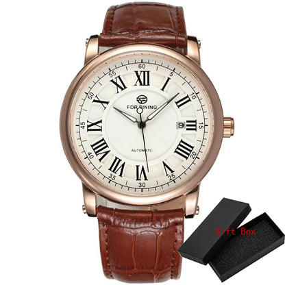 FORSINING Brand Luxury Men Automatic Watches Rome Auto Date Gold Case Business Mechanical Watch Brown Leather Mens Dress Clock