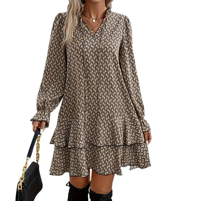 Women's Fashion Plus Size 1XL-5XL Print Flare Sleeve Ruffle Loose Dress Ladies V-neck Casual Long Sleeve Party Dress