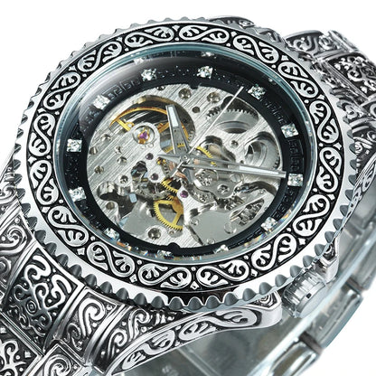 2023 T-Winner Watch Men Fashion Vintage Carved Watches Luxury Gold Skeleton Automatic Mechanical Wristwatches Men Reloj Hombre