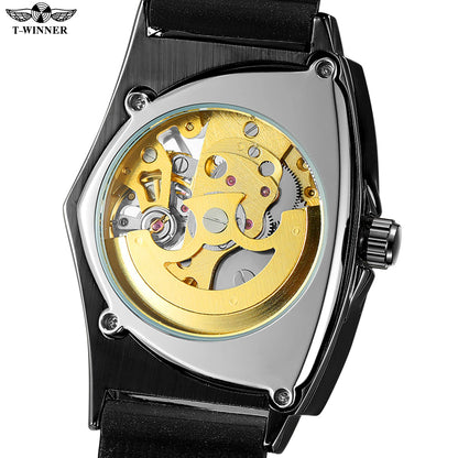 T-Winner High Range Man Automatic Mechanica Watches Luminous Luxury Tourbillon Gold Wristwatch Rubber Strap Triangle Skeleton