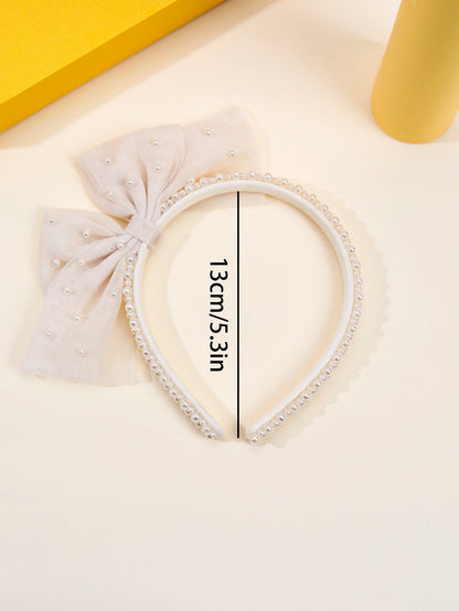 1pc Girls Cute Tulle Bow Headbands Adorable Faux Pearl Decor Bow Headbands Sweet Princess Hair Accessories for Girls Party Dress