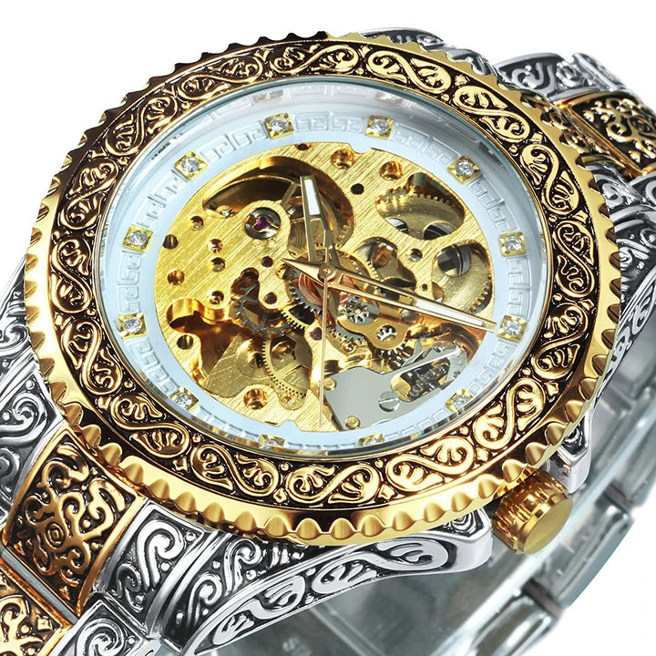 2023 T-Winner Watch Men Fashion Vintage Carved Watches Luxury Gold Skeleton Automatic Mechanical Wristwatches Men Reloj Hombre