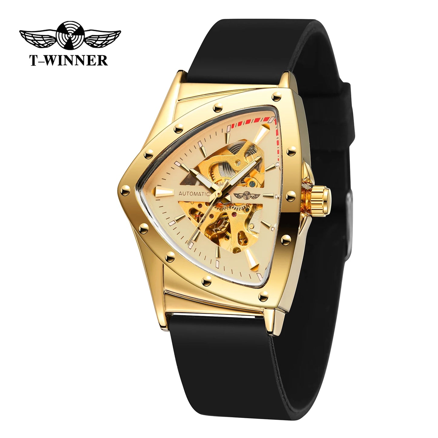 T-Winner High Range Man Automatic Mechanica Watches Luminous Luxury Tourbillon Gold Wristwatch Rubber Strap Triangle Skeleton