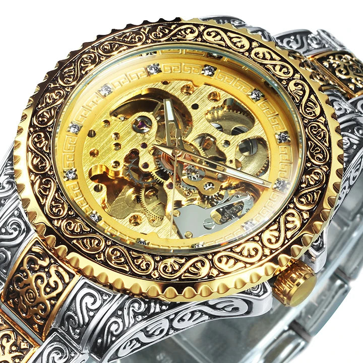 2023 T-Winner Watch Men Fashion Vintage Carved Watches Luxury Gold Skeleton Automatic Mechanical Wristwatches Men Reloj Hombre