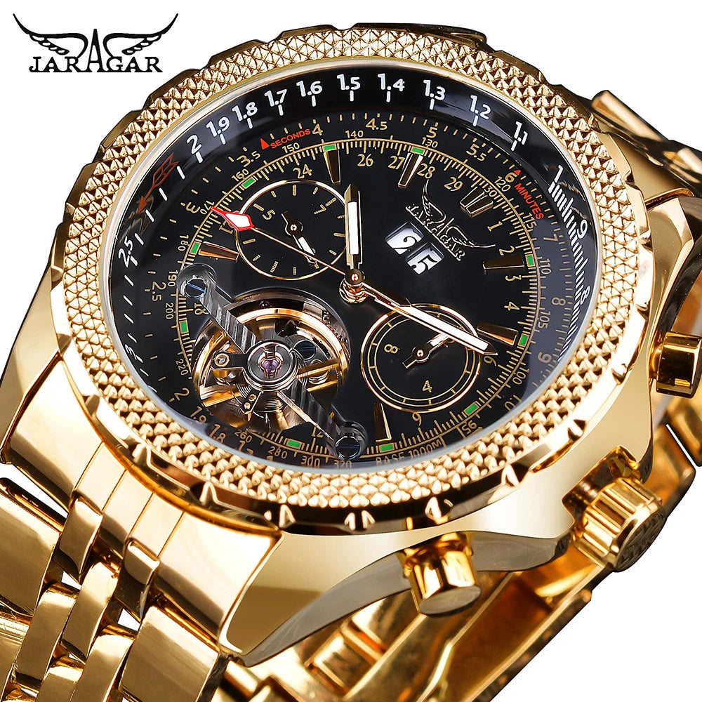 Jaragar Men's Golden Automatic Self-wind Watch Big Dial Calendar Function Relogio Masculino Mechanical Watches Full Steel Clocks