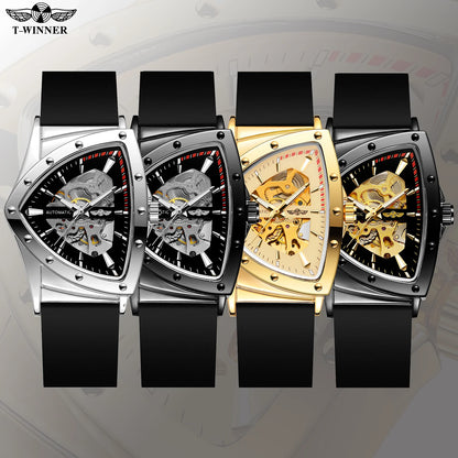 T-Winner High Range Man Automatic Mechanica Watches Luminous Luxury Tourbillon Gold Wristwatch Rubber Strap Triangle Skeleton