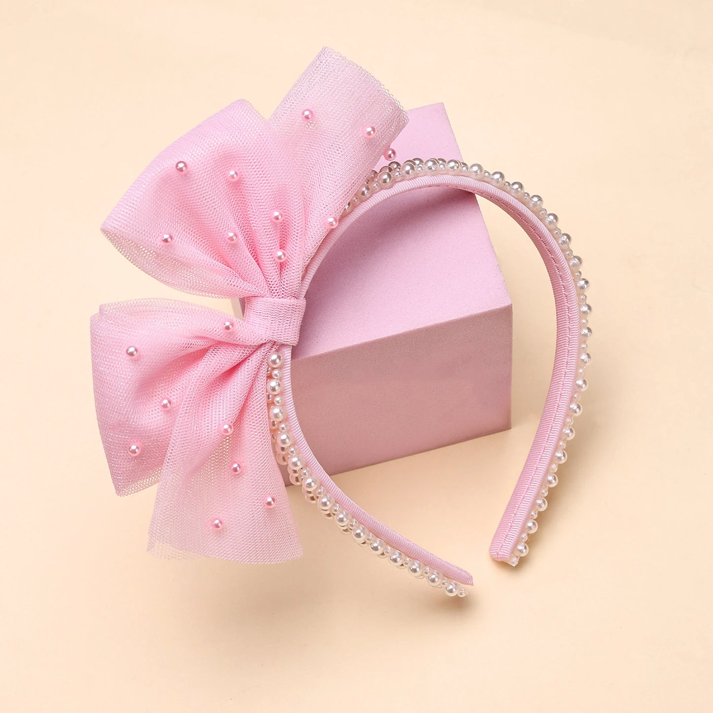 1pc Girls Cute Tulle Bow Headbands Adorable Faux Pearl Decor Bow Headbands Sweet Princess Hair Accessories for Girls Party Dress