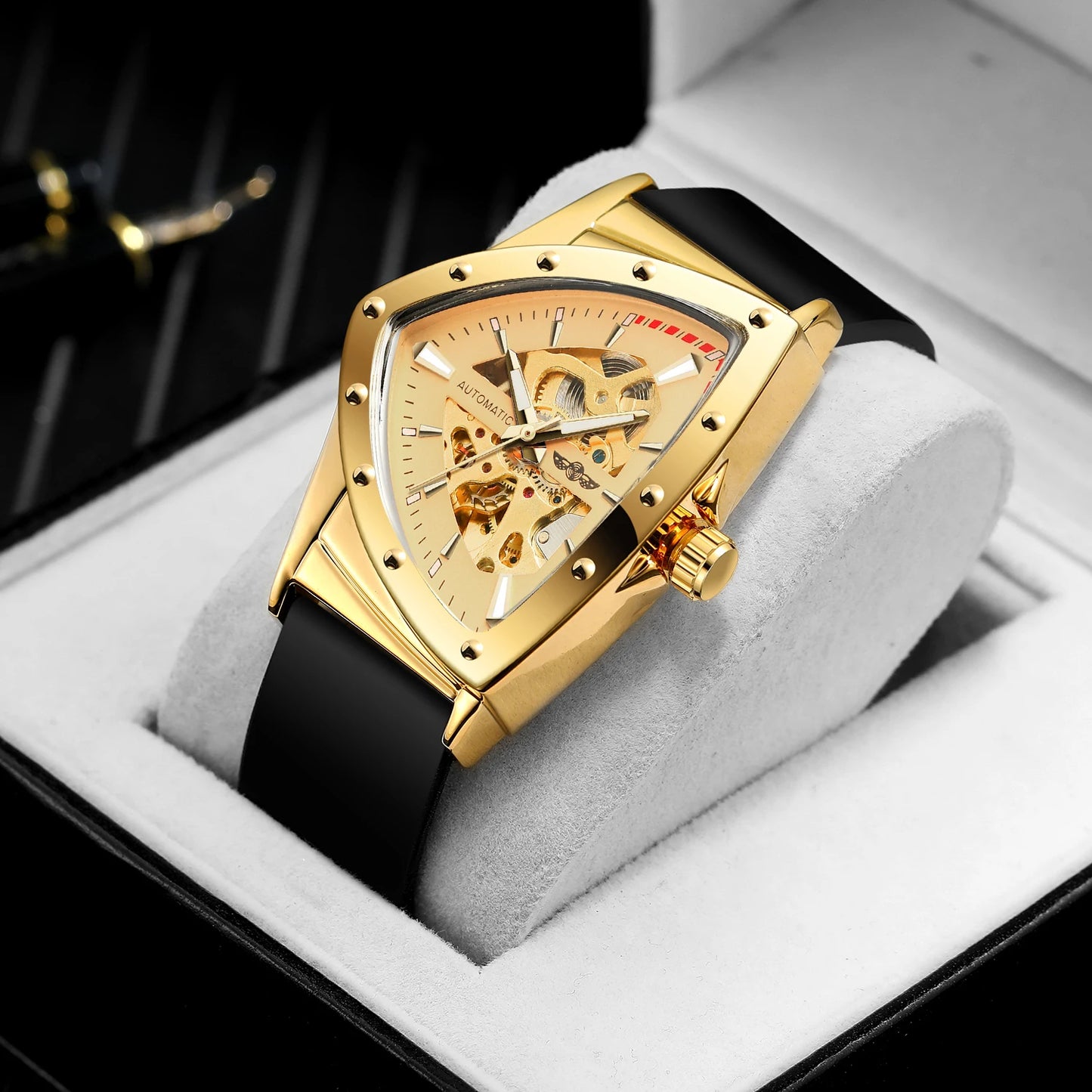 T-Winner High Range Man Automatic Mechanica Watches Luminous Luxury Tourbillon Gold Wristwatch Rubber Strap Triangle Skeleton