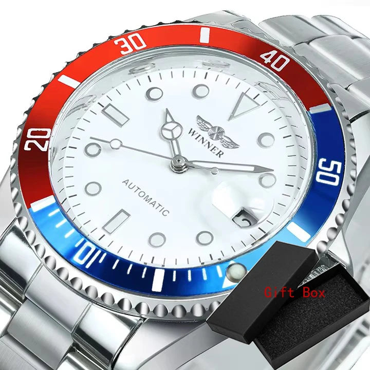 Fashion T-winner Men Brand Watch Double-scale with Bezel Steel Band Watch Auto Date Automatic Mechanical Business Wristwatches