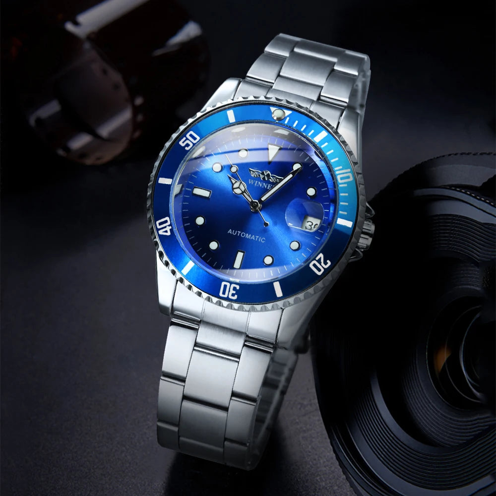 Fashion T-winner Men Brand Watch Double-scale with Bezel Steel Band Watch Auto Date Automatic Mechanical Business Wristwatches