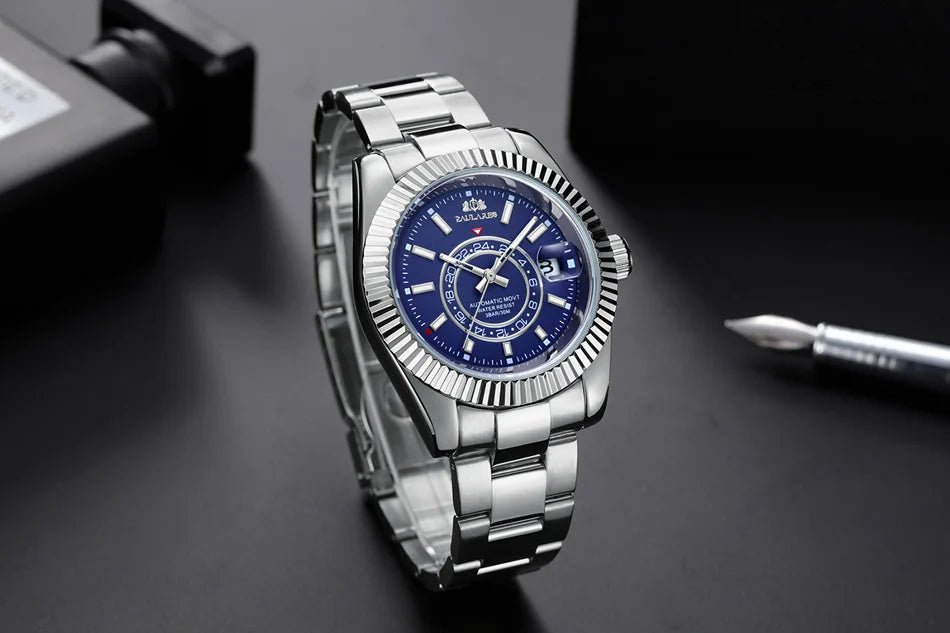 Automatic Self Wind Mechanical Stainless Steel Strap Rose Gold Silver Blue Date Luxury Sky 40mm Men Watch