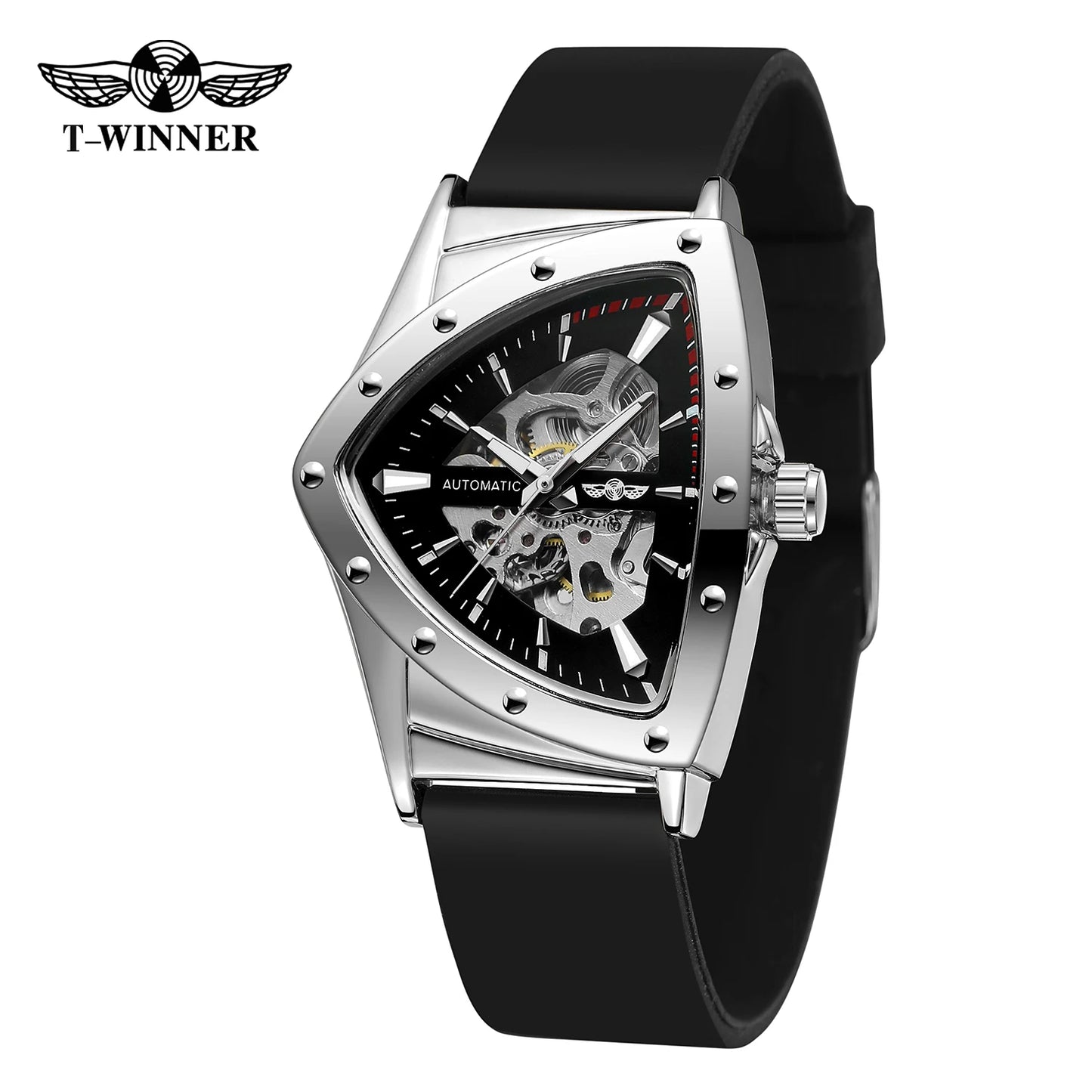 T-Winner High Range Man Automatic Mechanica Watches Luminous Luxury Tourbillon Gold Wristwatch Rubber Strap Triangle Skeleton