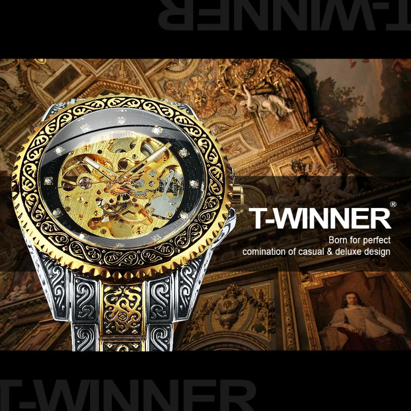 2023 T-Winner Watch Men Fashion Vintage Carved Watches Luxury Gold Skeleton Automatic Mechanical Wristwatches Men Reloj Hombre