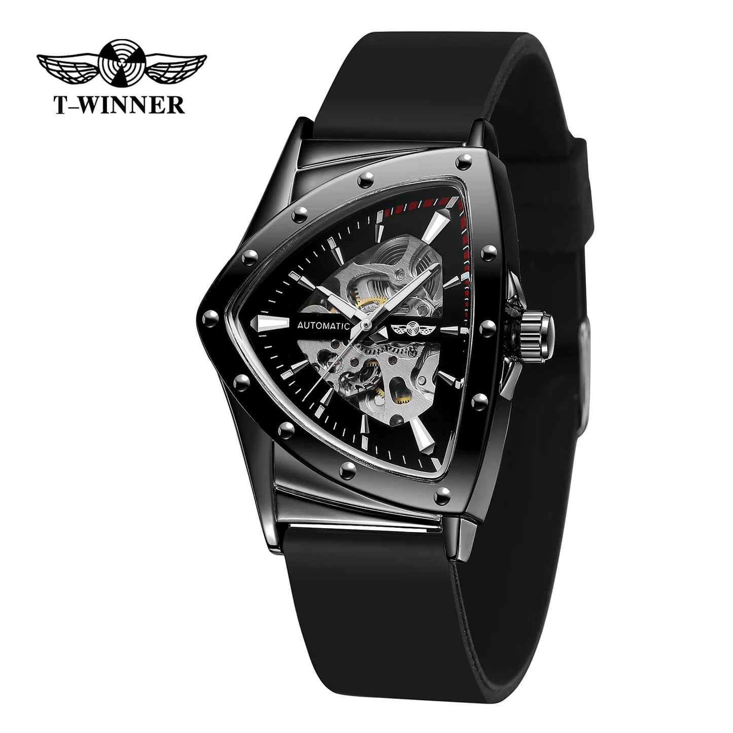 T-Winner High Range Man Automatic Mechanica Watches Luminous Luxury Tourbillon Gold Wristwatch Rubber Strap Triangle Skeleton