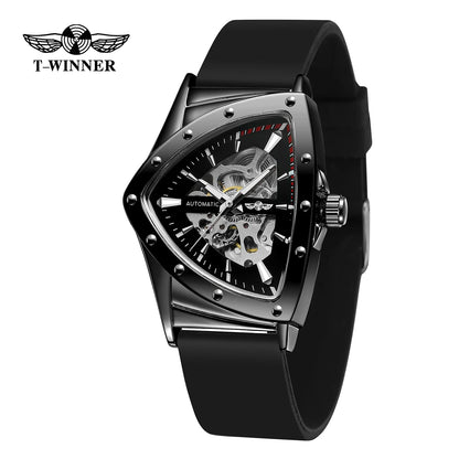 T-Winner High Range Man Automatic Mechanica Watches Luminous Luxury Tourbillon Gold Wristwatch Rubber Strap Triangle Skeleton