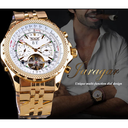 Jaragar Men's Golden Automatic Self-wind Watch Big Dial Calendar Function Relogio Masculino Mechanical Watches Full Steel Clocks