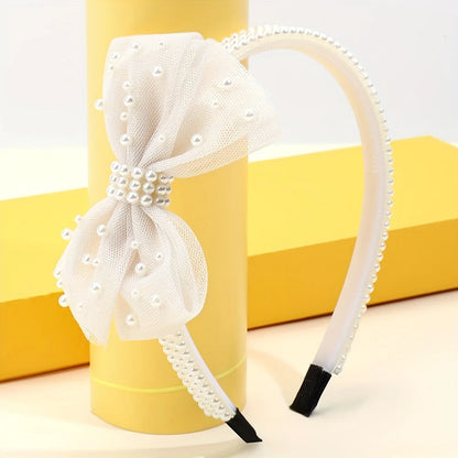 1pc Girls Cute Tulle Bow Headbands Adorable Faux Pearl Decor Bow Headbands Sweet Princess Hair Accessories for Girls Party Dress